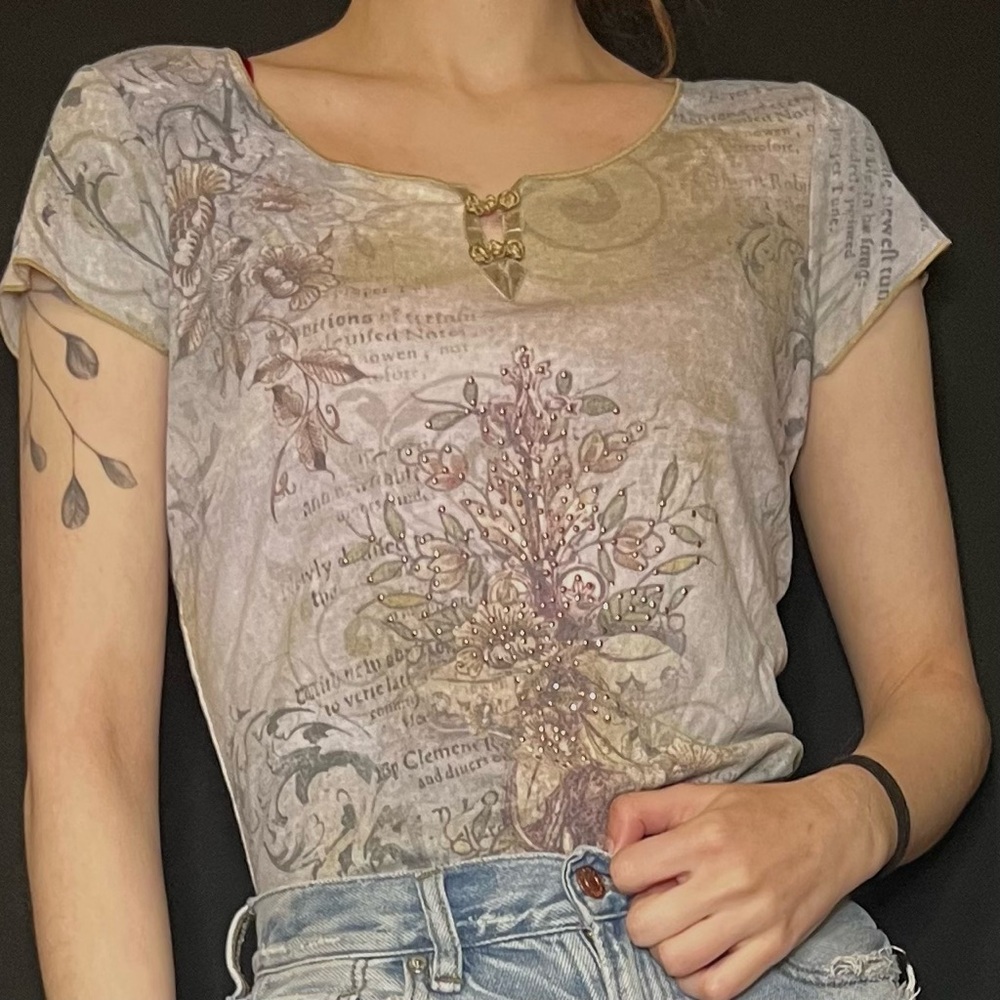 y2k vintage art nouveau blush and purple embellished short sleeve tshirt